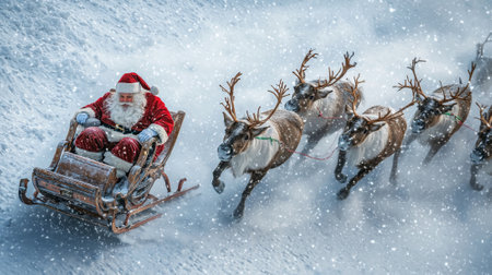 Amidst swirling snowflakes, a cheerful Santa Claus in a red suit navigates his sleigh, pulled by a team of reindeer, spreading holiday cheer in a winter wonderland.の素材