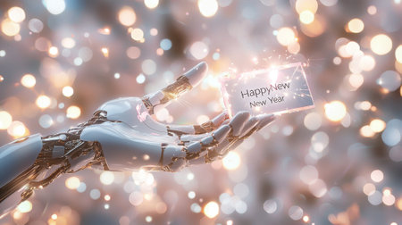A sleek robotic hand offers a card that reads Happy New Year, surrounded by a captivating display of shimmering lights, symbolizing new beginnings in a technological age.の素材