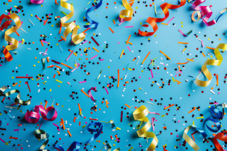 Vibrant ribbons and an array of confetti rest on a bright blue backdrop, alluding to a joyful celebration filled with laughter and cheer. Perfect for any party theme or festivities.の素材