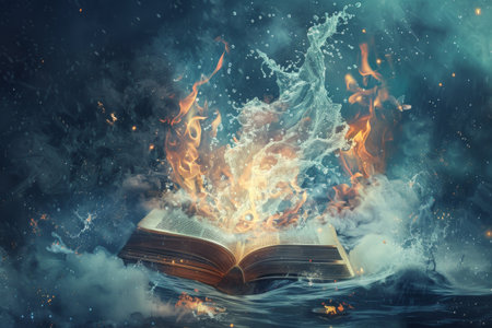 A magical book opened in an ocean of imagination, releasing vibrant flames and flowing water, creating a breathtaking spectacle at twilight, illuminating the night with wonder.の素材