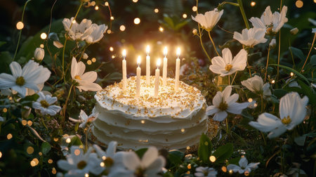 A beautifully decorated cake adorned with lit candles sits amidst a lush arrangement of white flowers, illuminated by soft, twinkling lights that create a magical ambiance.の素材