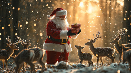 In a serene, snow-covered forest at sunset, Santa joyfully offers a present to a gathering of curious reindeer, creating a heartwarming holiday atmosphere filled with enchantment.の素材