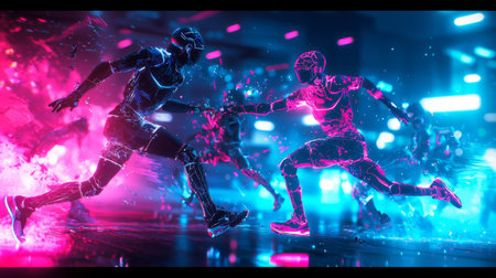 In a dazzling digital environment, two luminous figures sprint through a neon-lit urban landscape, their movements leaving trails of vibrant color. The city pulses with energy.の素材