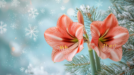 Vibrant amaryllis flowers stand tall against a serene winter backdrop, surrounded by soft snowflakes and evergreen pine. Nature blends beauty and tranquility in this enchanting winter wonderland.の素材