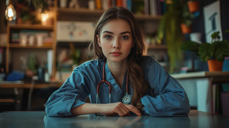 In a contemporary clinic, a young woman in scrubs sits thoughtfully at a table, wearing a stethoscope, as she contemplates her medical career and future aspirations.の素材