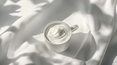 A cup filled with whipped cream sits serenely on a soft, white surface, with gentle shadows playing around it. The warm light enhances the inviting atmosphere, evoking a sense of comfort.の素材
