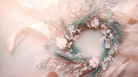 Freshly crafted, this winter wreath showcases a blend of frosted greenery and delicate blossoms, elegantly displayed against a pale, dreamy background, capturing the essence of the season.の素材