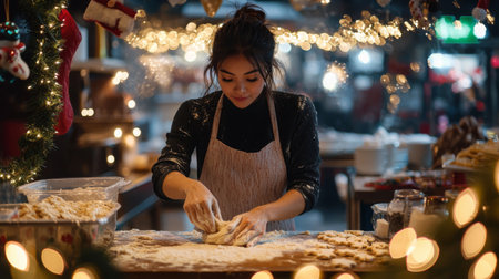 Amidst twinkling lights and festive decorations, a young chef skillfully shapes cookie dough, surrounded by the warmth of holiday spirit and the aroma of baked treats, creating a joyful atmosphere.の素材