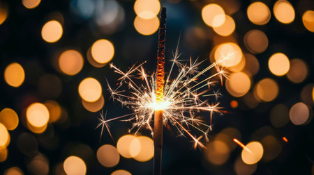 A vibrant sparkler releases bright sparks, illuminating the night with a warm glow while a festive atmosphere surrounds the celebration. The background is alive with shimmering bokeh lights.の素材
