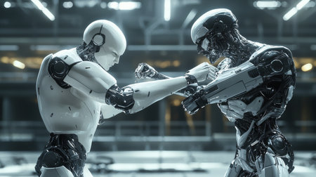 Two humanoid robots in a sleek, modern arena lock arms in a thrilling arm wrestling match, showcasing advanced technology and mechanical prowess in a dramatic showdown.の素材