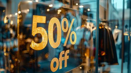 A bright and eye-catching sale sign highlights a 50% discount in a lively shopping center, enticing shoppers to explore the stylish clothing and accessories available inside.の素材