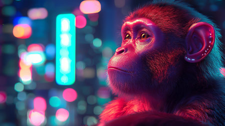Under colorful neon lights, a thoughtful primate observes the bustling city life, embodying a moment of quiet contemplation amidst the lively atmosphere of the urban night.の素材