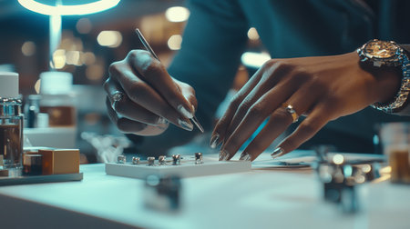 In a vibrant workshop filled with glowing lights, a skilled artisan focuses on crafting intricate jewelry. Diligently using a pen, she adds finishing touches, reflecting her dedication and artistry.の素材