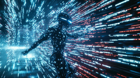 In an electrifying environment, a humanoid figure glides amidst a cascade of glowing data streams, embodying the essence of technology and futuristic exploration.の素材