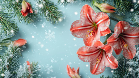 Vibrant amaryllis flowers in shades of pink and white rest among fresh pine branches, evoking a festive winter charm amidst gentle falling snowflakes, perfect for seasonal decor.の素材