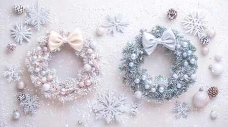 Two beautifully crafted winter wreaths sit amidst a snowy backdrop, featuring pastel colors and delicate bows. These ornamental pieces add a charming touch to holiday decorations.の素材