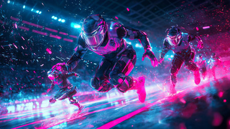 In a vibrant neon arena, athletes in sleek, high-tech gear are sprinting forward, their focus evident. Colored lights and a cheering crowd enhance the thrilling atmosphere of the competition.の素材