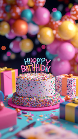 A lively birthday setting featuring a beautifully decorated cake topped with playful candles, surrounded by vibrant balloons and wrapped gifts, bringing joy to the festive occasion.の素材