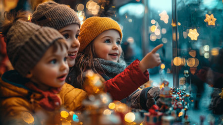 Three joyful children with winter hats gaze excitedly at a magical holiday window adorned with twinkling lights and festive decorations, filled with wonder and delight during the evening.の素材