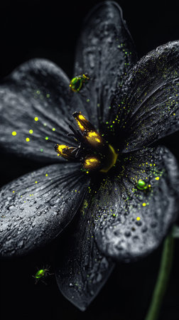 In the shadows, a black flower glistens with raindrops as green insects dance among its petals, creating an enchanting, surreal ambiance that captivates all who see it.の素材
