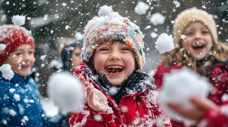 Amidst falling snow, children dressed in colorful winter gear engage in a lively snowball fight, their faces glowing with pure joy and laughter while the landscape transforms into a winter wonderland.の素材