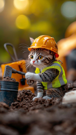A playful kitten dressed in a bright construction vest and hard hat digs enthusiastically in the dirt, showing its adorable determination amidst a lively outdoor workspace.の素材