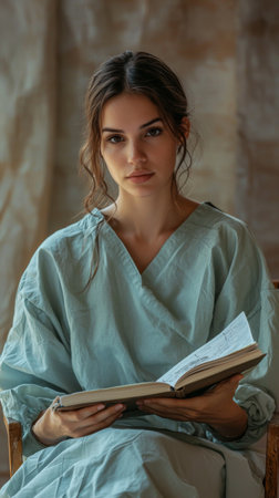 A young woman sits quietly, engrossed in a book, her thoughtful expression illuminated by gentle light filtering through. The peaceful setting evokes a sense of tranquility and reflection.の素材