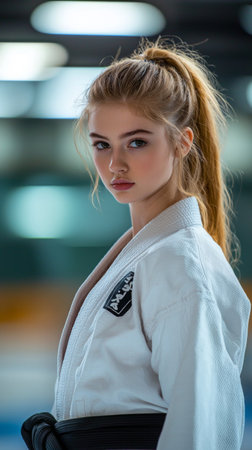In the heart of a training facility, a dedicated young martial artist stands poised, embodying concentration and readiness. Her white judo gi reflects her commitment as she prepares for competition.の素材