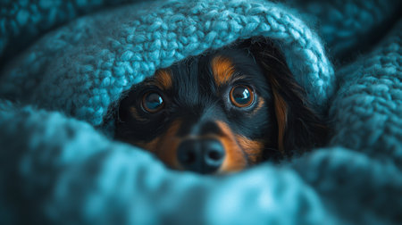 In a warm and inviting environment, a dog with glossy cautious furly peeks from beneath a fluffy blue blanket, its curious eyes reflecting the comfort and serenity of a cozy evening indoors.の素材
