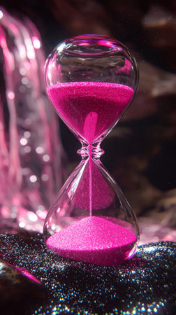 An elegant hourglass filled with vibrant pink sand captures the essence of time as it flows, set against a backdrop of sparkling lights. The contrast creates a mesmerizing visual experience.の素材