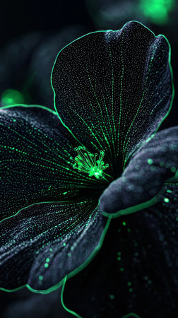A dark flower radiates an enchanting green glow, showing intricate textures and delicate details.の素材