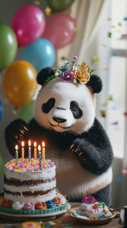 A playful panda stands beside a vibrant birthday cake adorned with candles, surrounded by colorful balloons and confetti, exuding joy and celebration in a festive atmosphere.の素材
