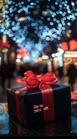 A stunning gift with a red ribbon is placed prominently as shoppers wander amidst twinkling holiday lights, capturing the festive atmosphere of the season and enticing sales.の素材