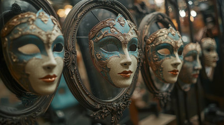 Intricately designed Venetian masks adorn vintage frames in a bustling marketplace, capturing the vibrant essence of artistry and culture during the enchanting golden hour.の素材