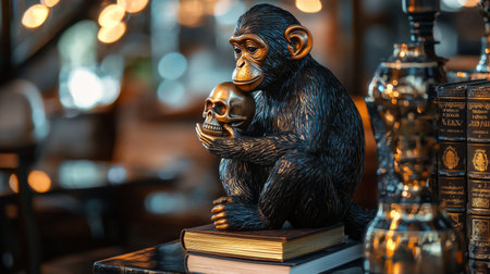 In a warm and inviting space, a monkey statue thoughtfully cradles a skull atop an elegant book, highlighting a blend of whimsy and curiosity amidst charming decor.の素材