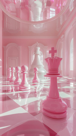 In a surreal, pastel-colored hall, pink and white chess pieces stand poised for a whimsical match. The light reflections on the polished floor enhance the dreamlike atmosphere of this playful scene.の素材