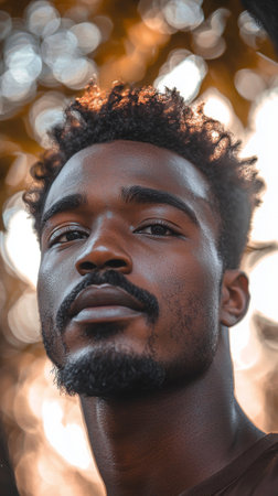 A young man with curly hair and a strong expression stands outdoors, surrounded by warm golden hues of fall foliage. His thoughtful gaze suggests deep contemplation and serenity.の素材