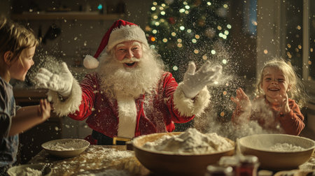 Santa happily engages with two kids, playfully tossing flour in the air as they enjoy baking together in a cozy kitchen decorated for Christmas.の素材