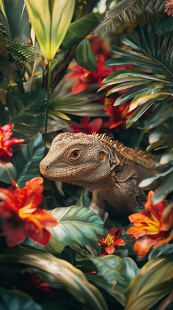 In a tropical garden, a lizard quietly navigates through a vivid array of flowers and thick greenery, showing the beauty of nature's diversity and colors.の素材