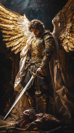 Bathed in ethereal light, a majestic angel clad in ornate golden armor holds a sword and balances scales, standing over a vanquished creature. Wings spread wide, he embodies victory and justice.の素材