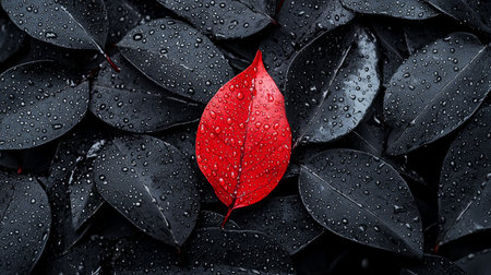 A striking red leaf captures attention as it rests amidst a bed of dark, glossy leaves, glistening with raindrops in a tranquil display of nature's beauty and contrast.の素材