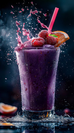 A refreshing smoothie in a tall glass splashes as vibrant berries collide with ice. Garnished with orange and raspberries, it captures the essence of summer in every sip.の素材
