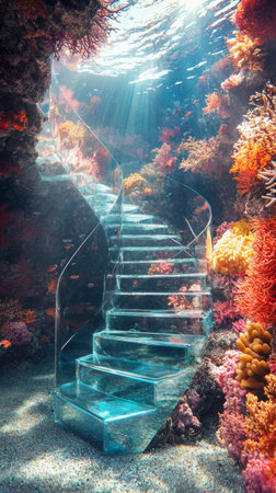 A stunning spiral staircase crafted from transparent material rises gracefully through an enchanting underwater world.の素材