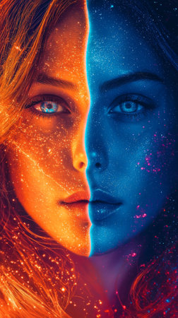 Two mesmerizing faces merge in a harmonious display of contrasting colors, symbolizing the balance of light and dark. The ethereal glow evokes a celestial atmosphere, captivating viewers.の素材