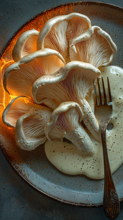 Delicate mushrooms are beautifully displayed on a rustic plate, illuminated by soft lighting. A rich sauce complements them, while a vintage fork rests nearby, inviting culinary exploration.の素材