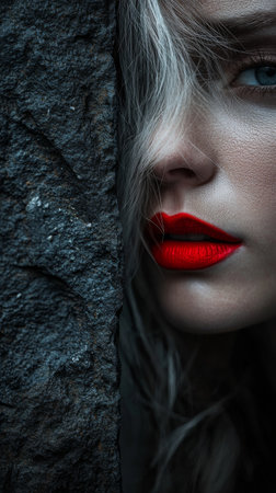 The close-up view highlights bold red lips, accentuated by soft, tousled hair, partially concealed by a rough stone surface. The contrast creates an intriguing and dramatic allure.の素材