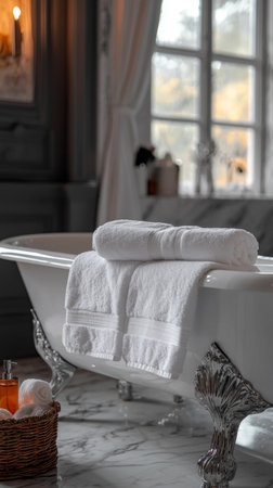 Relaxing bathroom setup with elegant freestanding tub and soft towelsの素材