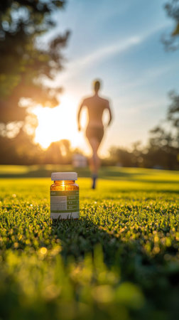 Runner enjoying sunset with vitamin supplement in focus on green grassの素材