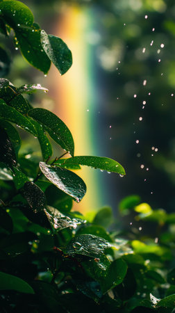 Raindrops glisten on leaves with a vibrant rainbow backdrop in a lush forest settingの素材
