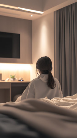 Relaxing evening in a cozy hotel room with a guest enjoying tranquilityの素材